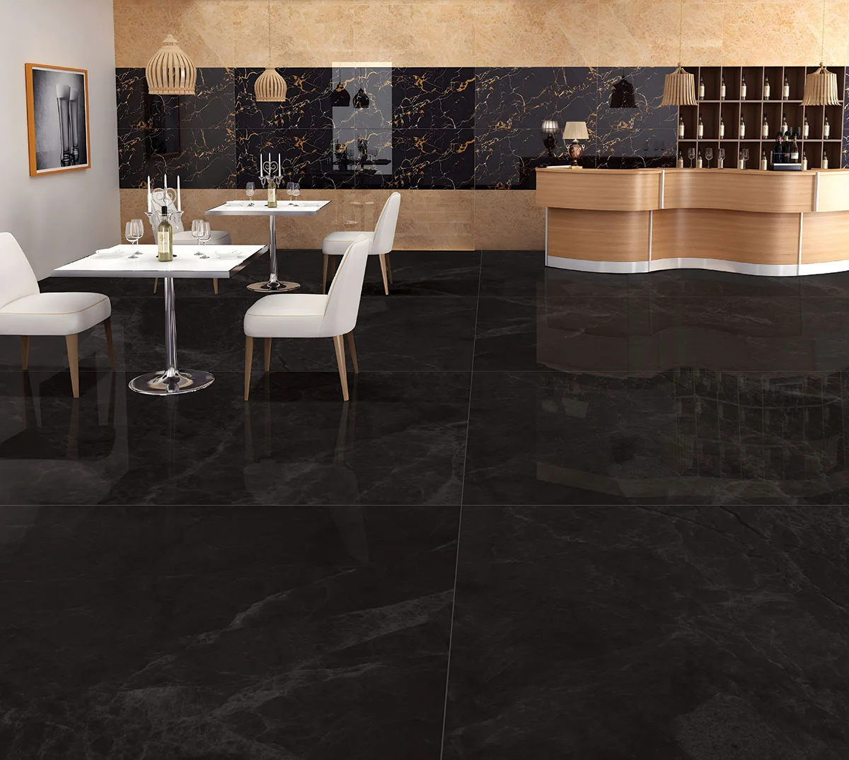 A dark polished granite floor in a lounge interior