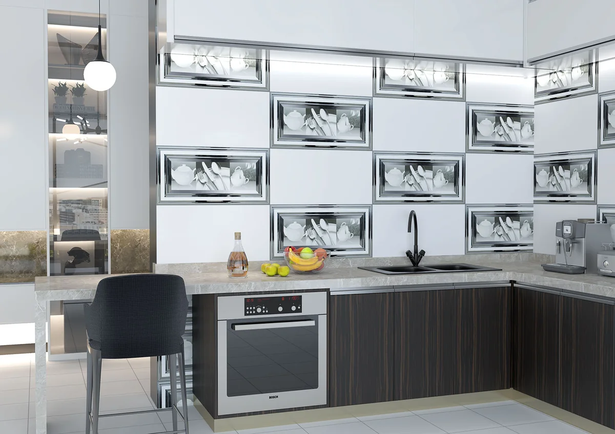 A fitted kitchen with tiled splashback and floor