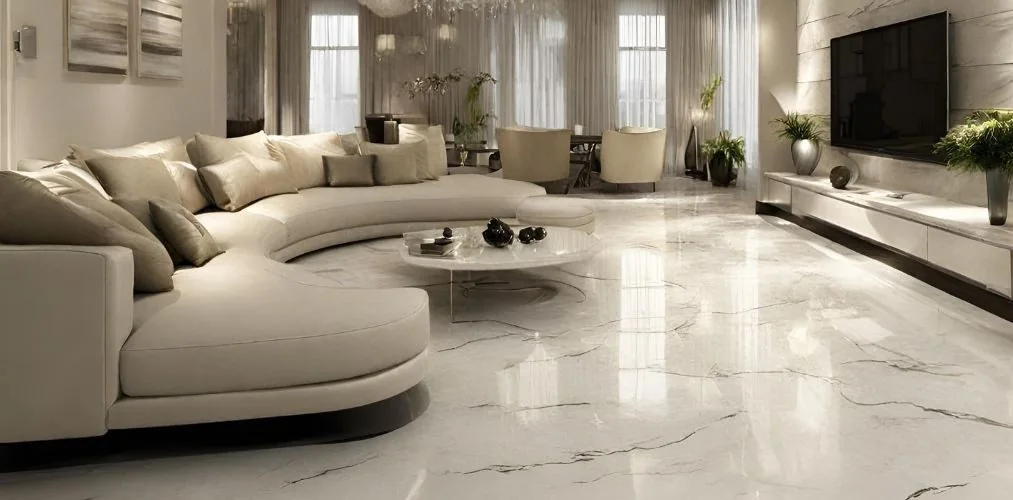 A polished cream marble floor running through a living room