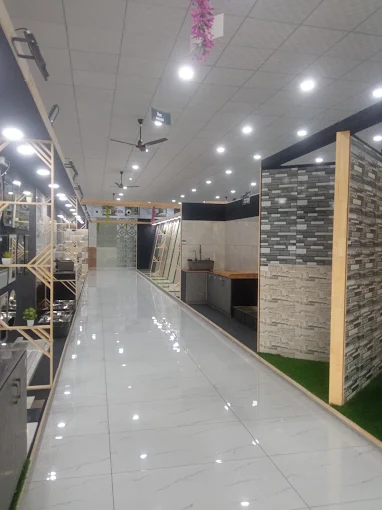 The display aisle, with tiled feature walls and a polished vitrified floor